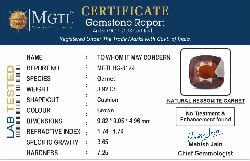 Hessonite - 3.92 Carats (Gomed - 4.27 Ratti)