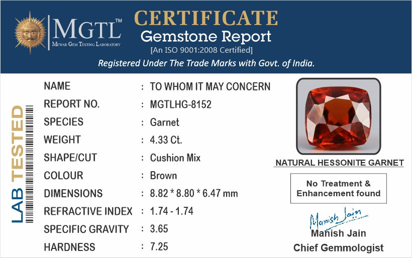 Hessonite - 4.33 Carats (Gomed - 4.72 Ratti)