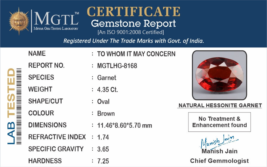 Hessonite - 4.35 Carats (Gomed - 4.74 Ratti)