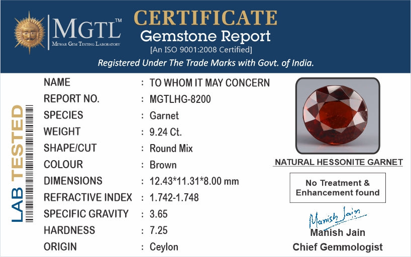 Hessonite - 9.24 Carats (Gomed - 10.07 Ratti)