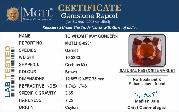 Hessonite - 10.52 Carats (Gomed - 11.47 Ratti)
