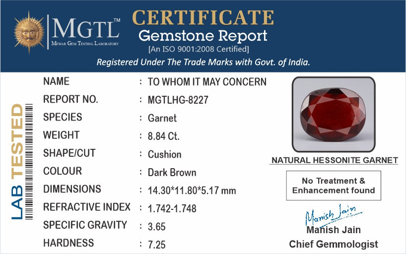 Hessonite - 8.84 Carats (Gomed - 9.64 Ratti)