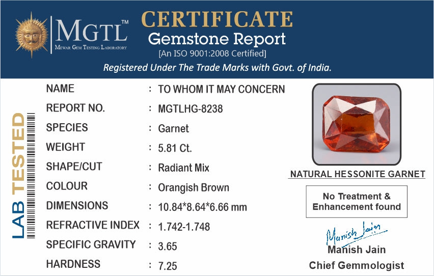 Hessonite - 5.81 Carats (Gomed - 6.33 Ratti)