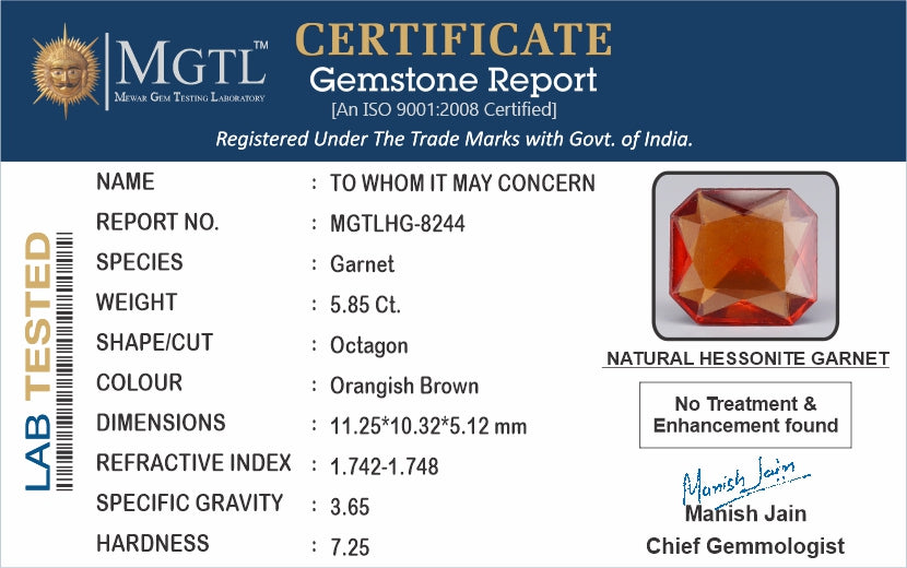 Hessonite - 5.85 Carats (Gomed - 6.38 Ratti)