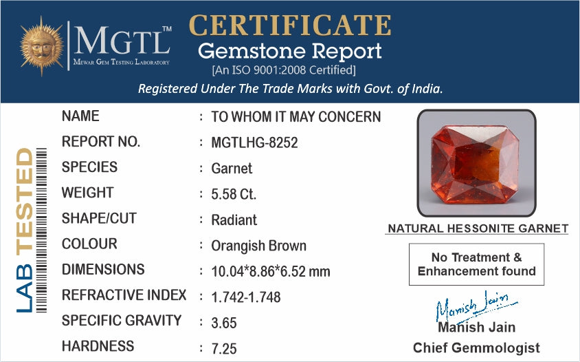 Hessonite - 5.58 Carats (Gomed - 6.08 Ratti)