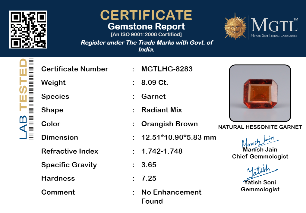 Hessonite - 8.09 Carats (Gomed - 8.82 Ratti)