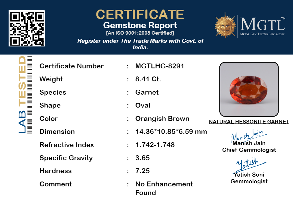 Hessonite - 8.41 Carats (Gomed - 9.17 Ratti)