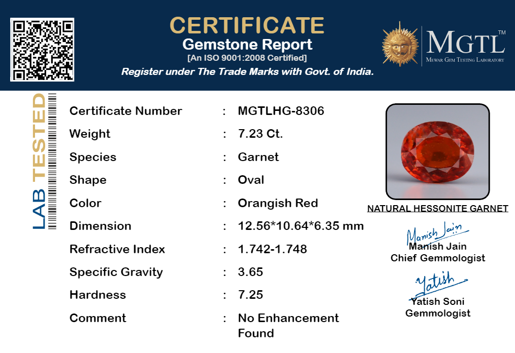 Hessonite - 7.23 Carats (Gomed - 7.88 Ratti)