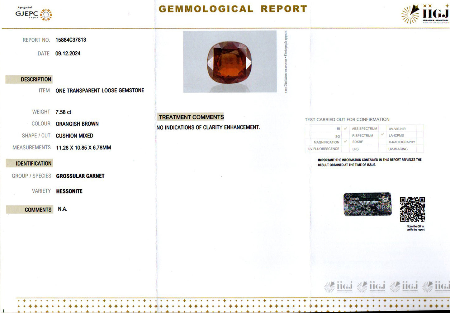 Hessonite - 7.58 Carats (Gomed - 8.26 Ratti)