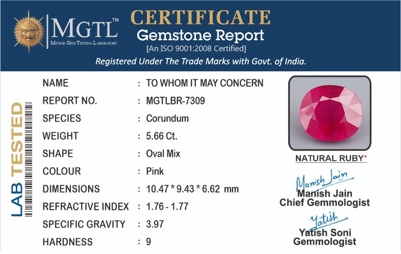 Ruby - 5.66 Carats (Manik - 6.25 Ratti)