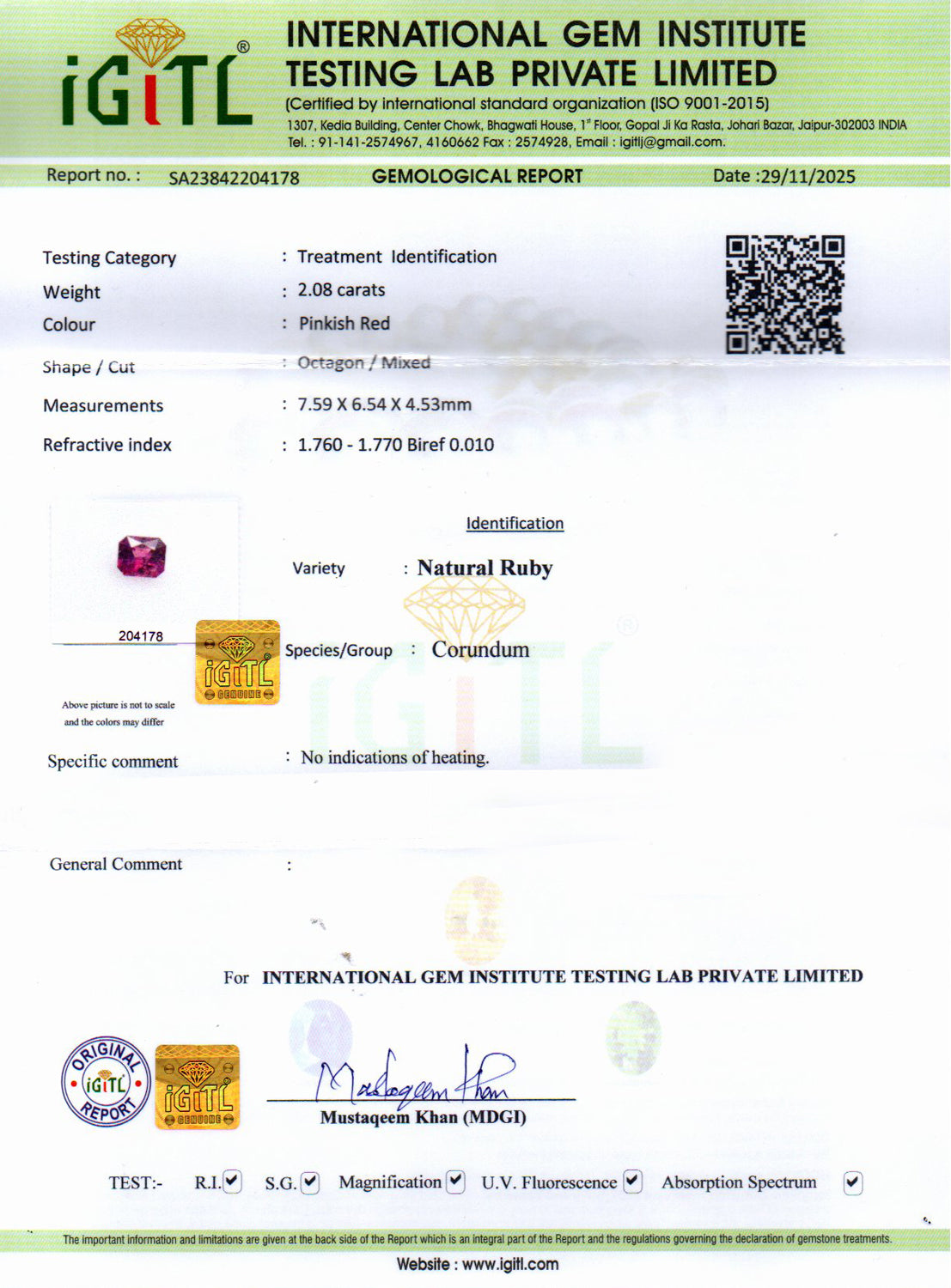 Ruby (Manik) Gemstone - 2.08 Carats