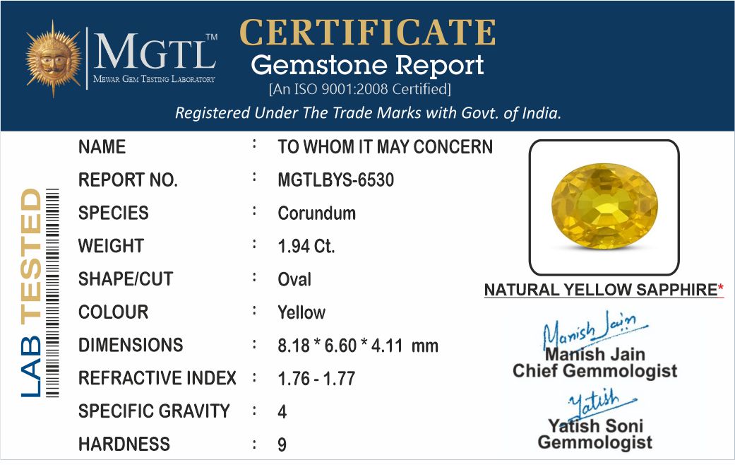 Yellow Sapphire - 1.94 Carats (Pukhraj - 2.11 Ratti)