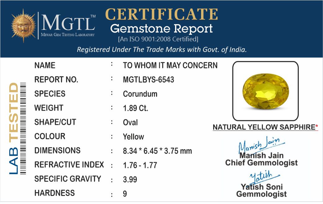 1.89 Carats Natural Yellow Sapphire