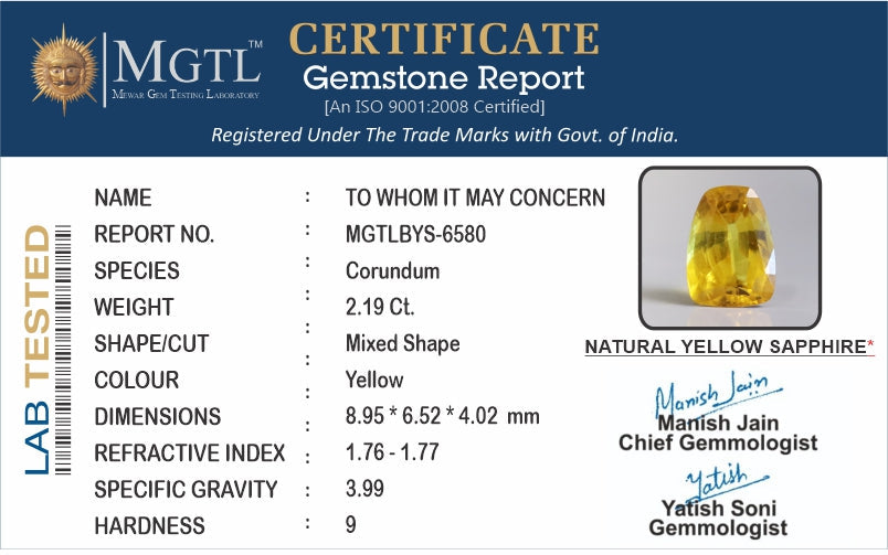 Yellow Sapphire (Pukhraj) Gemstone - 2.19 Carats