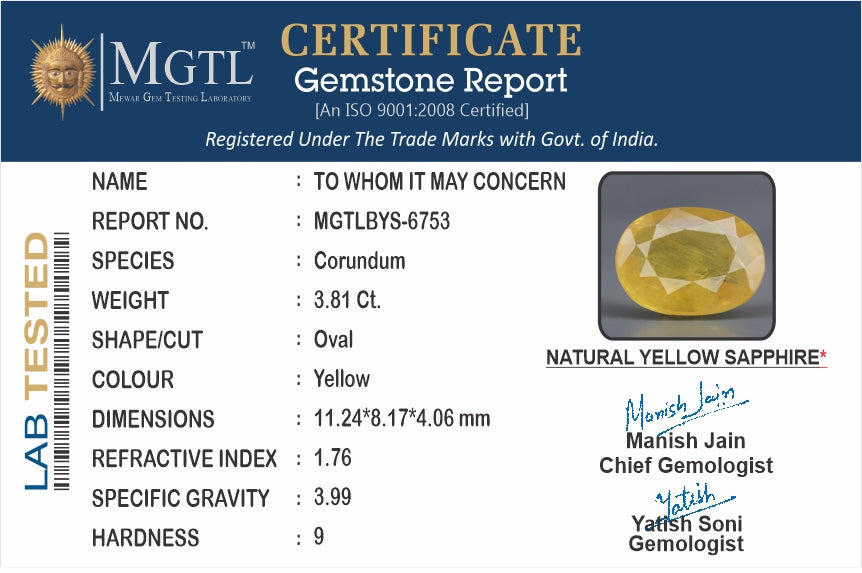 Yellow Sapphire - 3.81 Carats (Pukhraj - 4.15 Ratti)