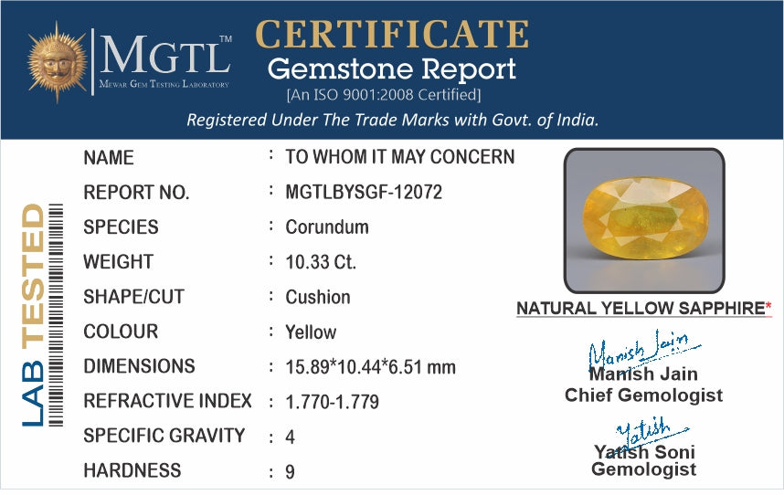 Yellow Sapphire - 10.33 Carats (Pukhraj - 11.26 Ratti)