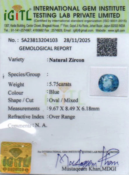 Ceylon Blue Zircon - 5.75 Carat Limited Quality BZ-28011
