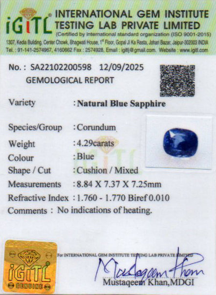 Blue Sapphire (Neelam) Gemstone - 4.29 Carats