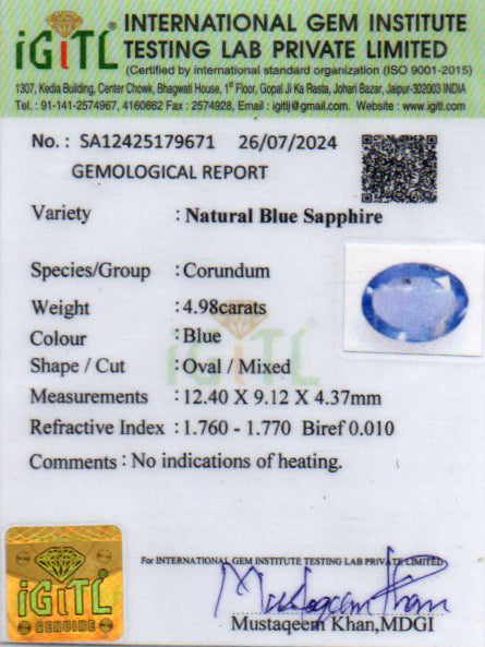 Blue Sapphire (Neelam) Gemstone - 4.98 Carats