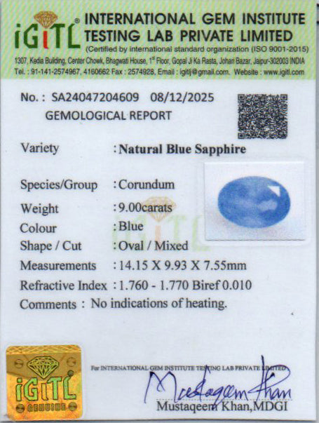 Blue Sapphire (Neelam) Gemstone - 9.00 Carats