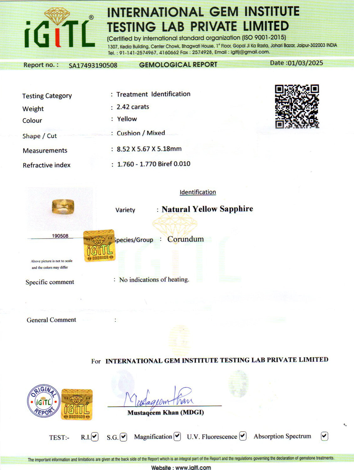 Yellow Sapphire (Pukhraj) Gemstone - 2.42 Carats
