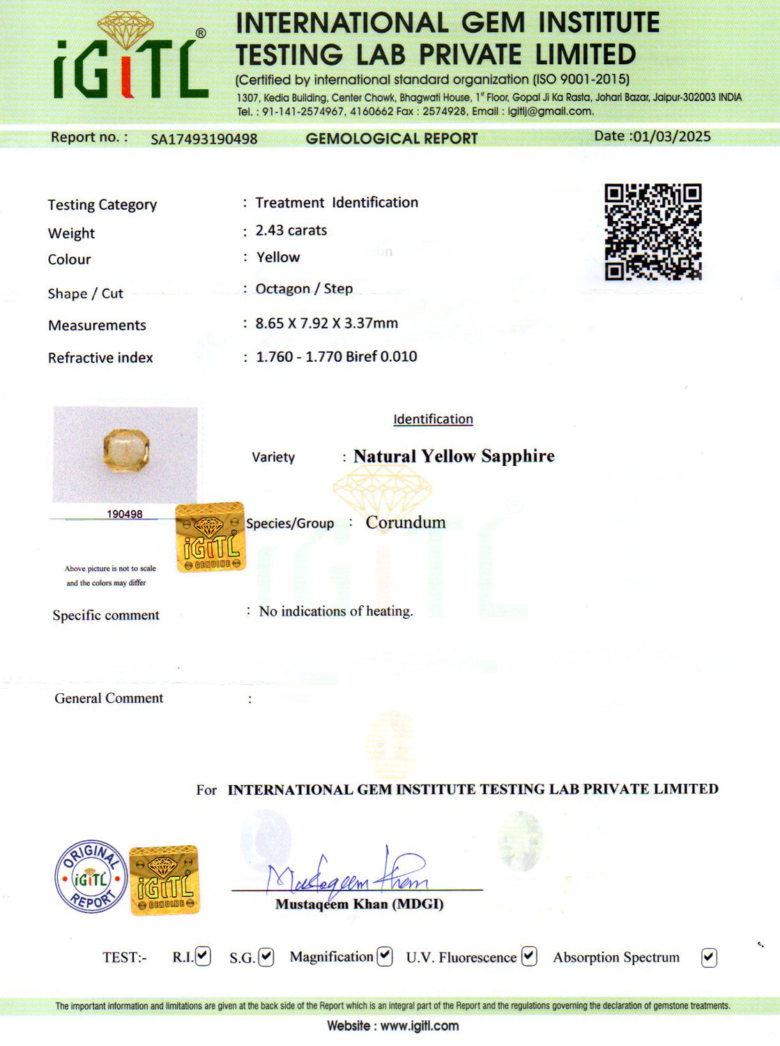 Yellow Sapphire (Pukhraj) Gemstone - 2.43 Carats
