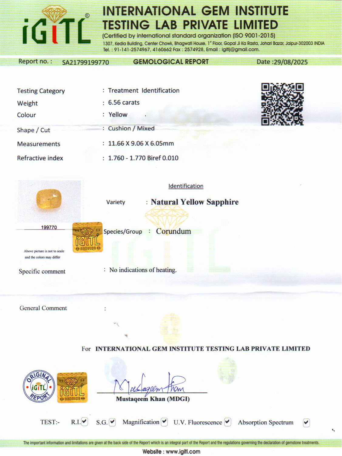 Yellow Sapphire (Pukhraj) Gemstone - 6.56 Carats