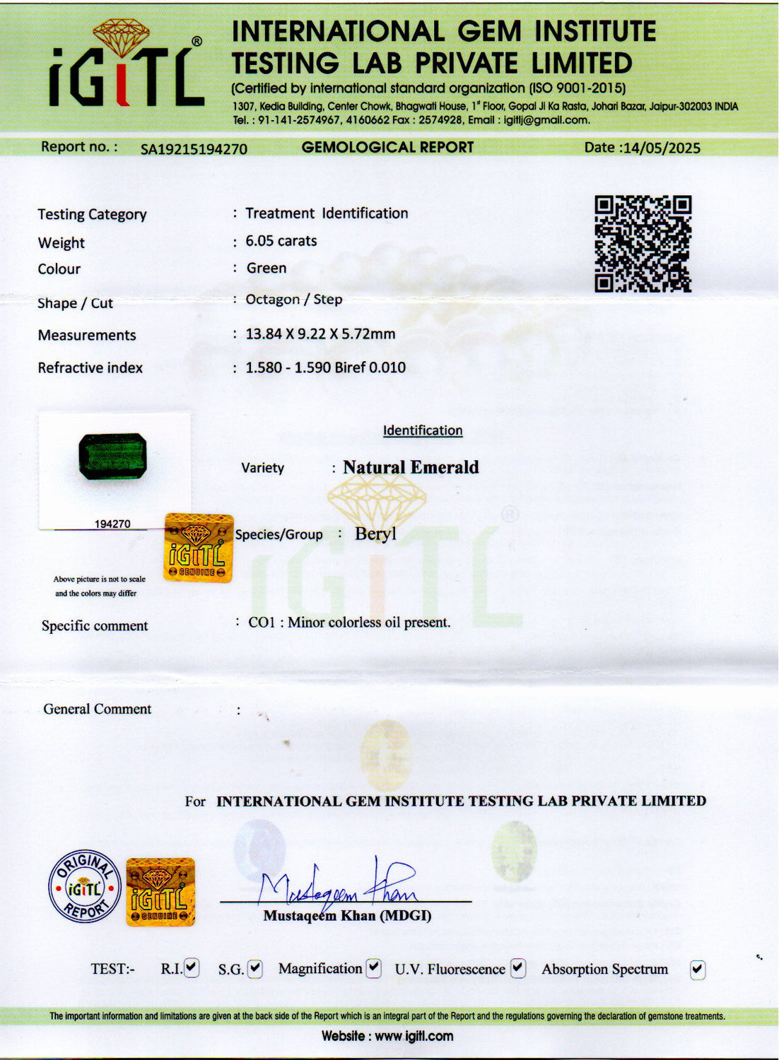 Emerald (Panna) Gemstone - 6.05 Carats