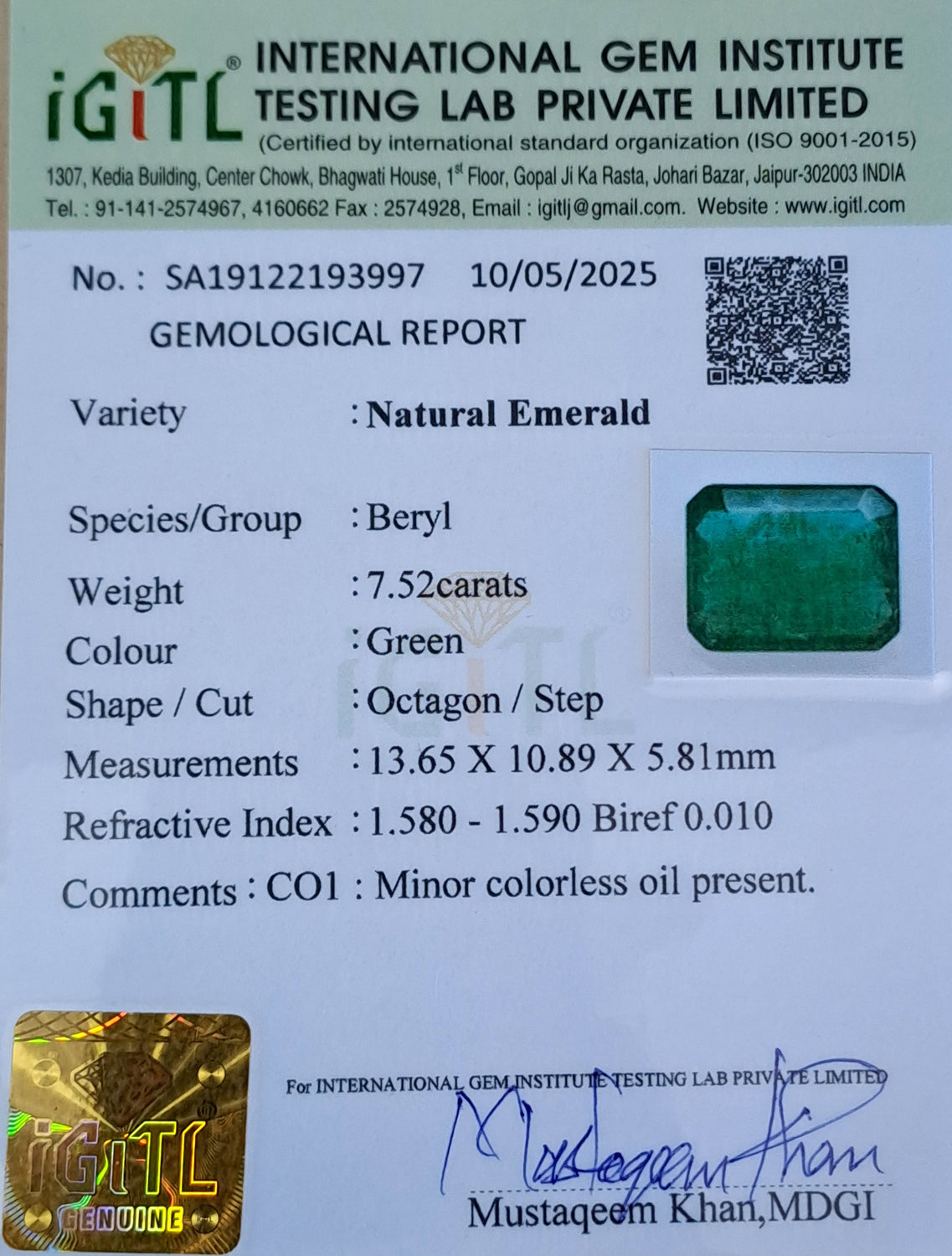 Emerald (Panna) Gemstone - 7.52 Carats