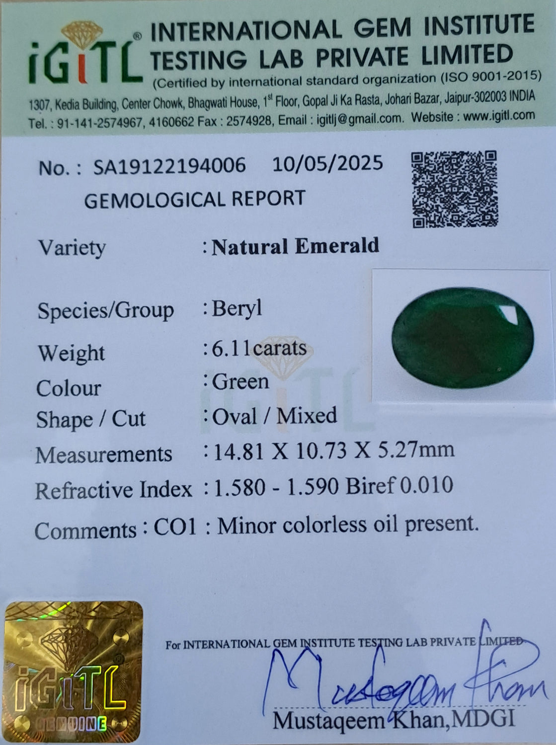 Emerald (Panna) Gemstone - 6.11 Carats
