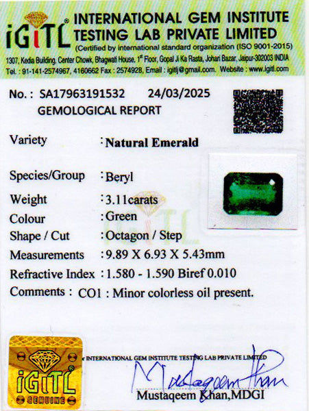 Emerald - 3.11 Carats (Panna - 3.39 Ratti)