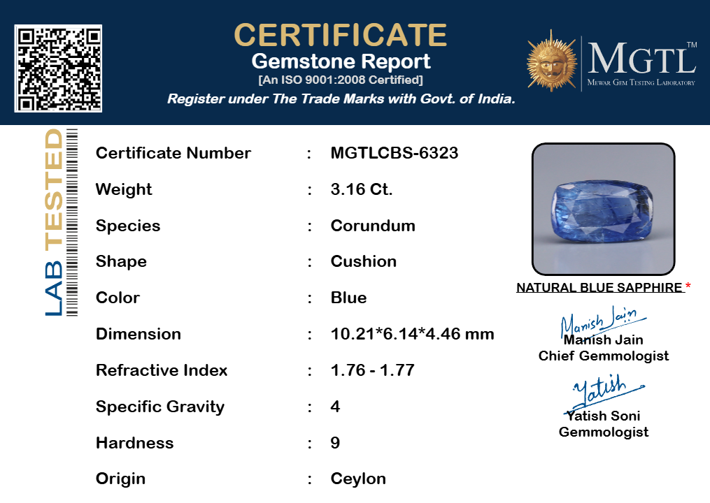 Blue Sapphire (Neelam) Gemstone - 3.16 Carats
