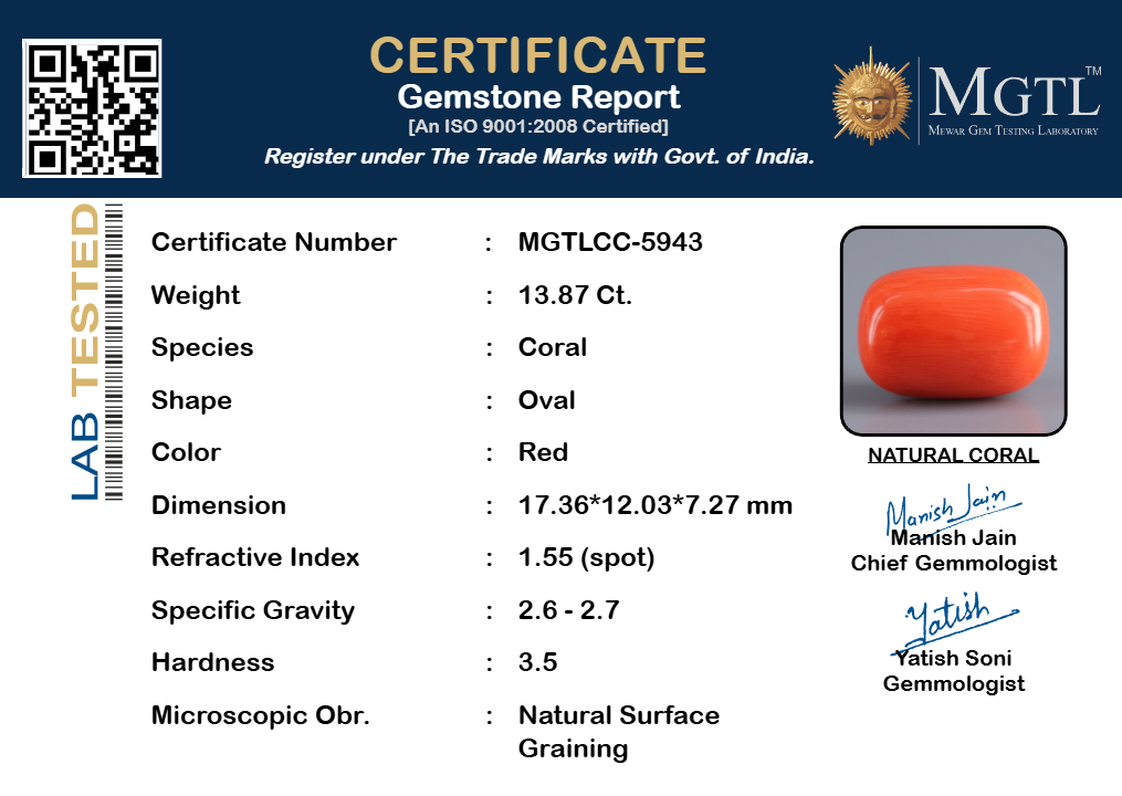 Red Coral (Moonga) Gemstone - 13.87 Carats