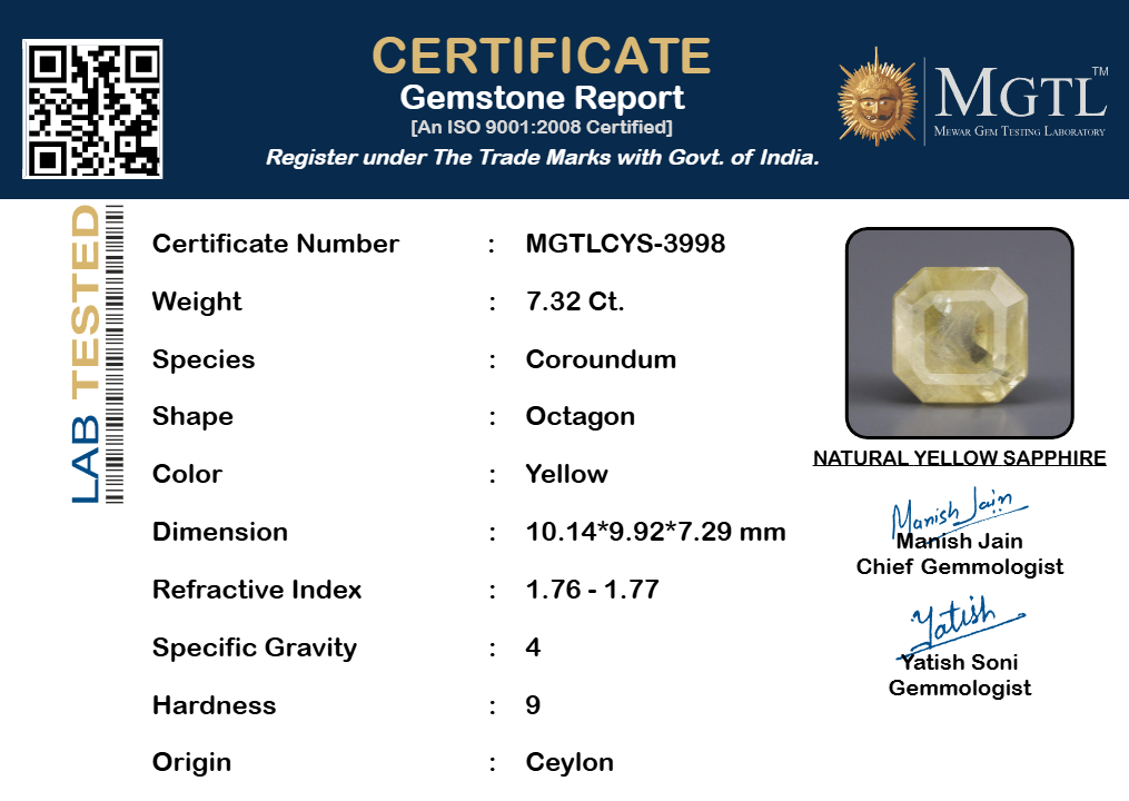Yellow Sapphire (Pukhraj) Gemstone - 7.32 Carats