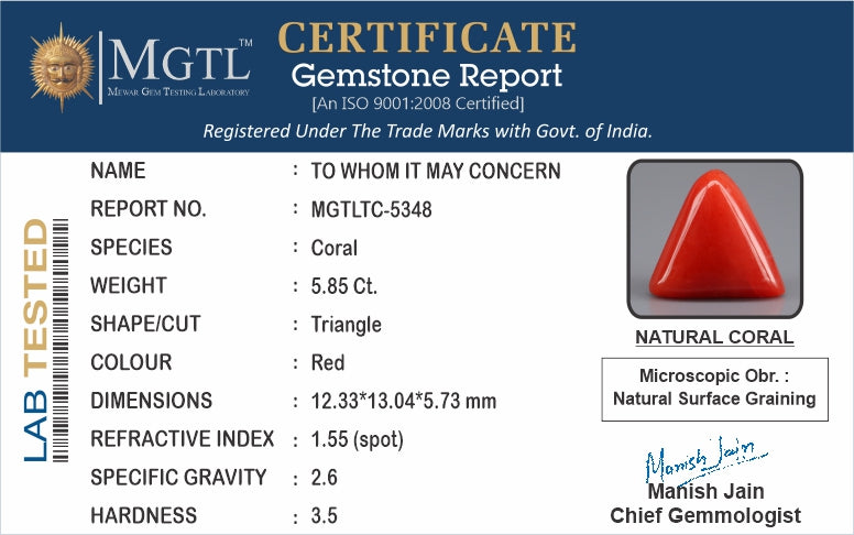 Red Coral - 5.85 Carats (Moonga - 6.38 Ratti)