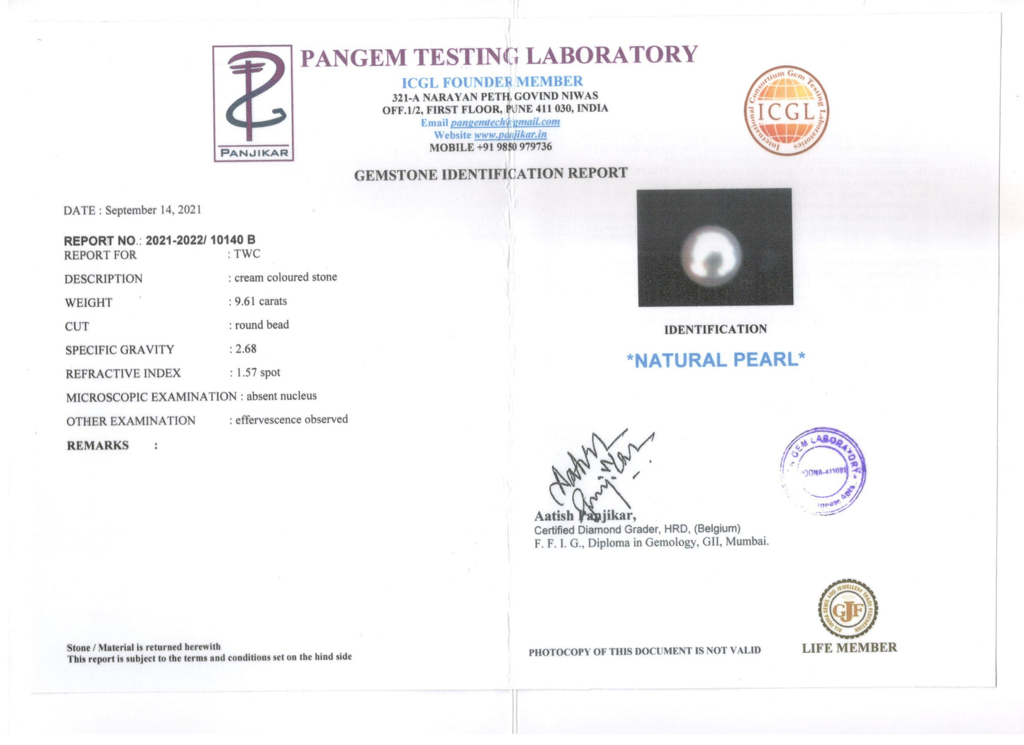 Keshi Pearl - 9.61 Carats (Moti - 10.47 Ratti)