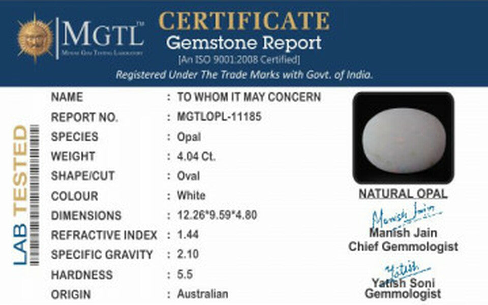 White Opal - 4.04 Carats (Dudhiya Pathar - 4.40 Ratti)