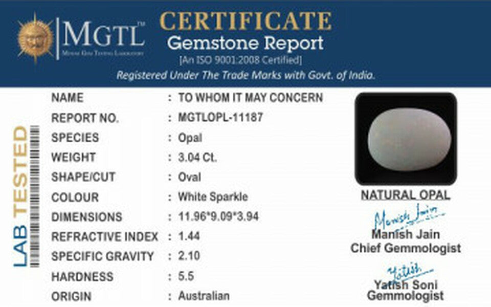Opal - 3.04 Carats (Dudhiya Pathar - 3.31 Ratti)
