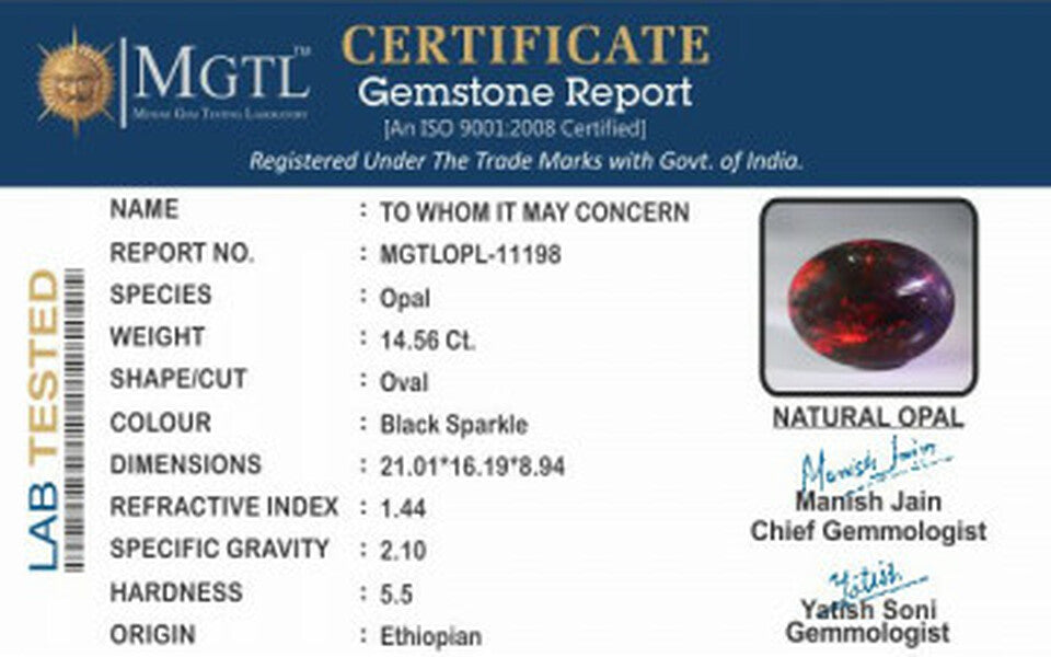 Black Opal - 14.56 Carats (Dudhiya Pathar - 15.87 Ratti)