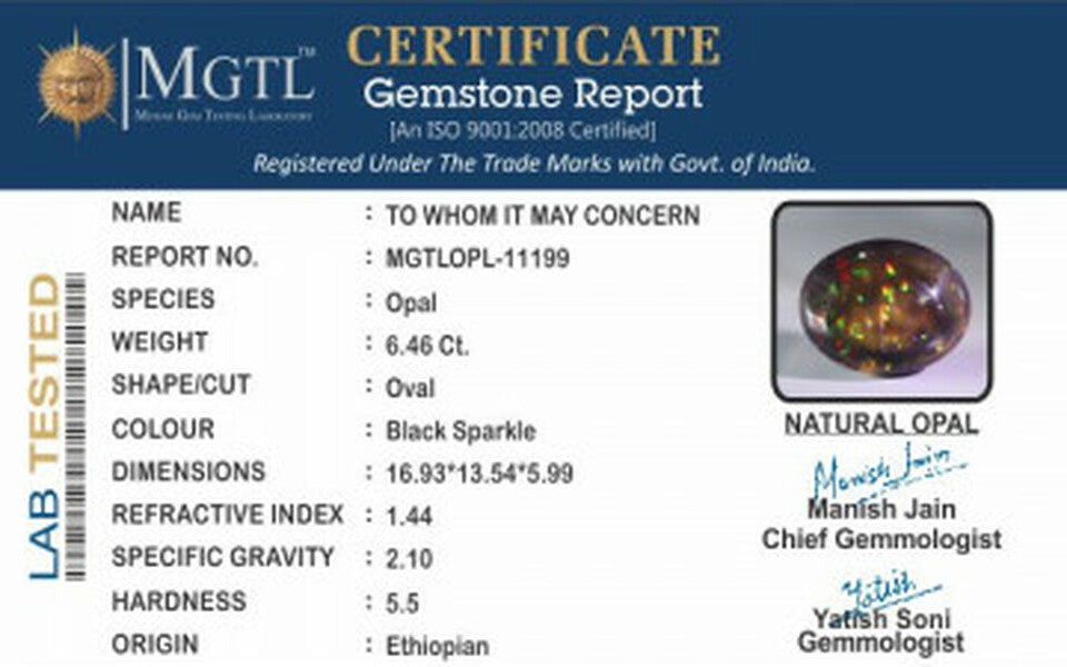 Black Opal - 6.46 Carats (Dudhiya Pathar - 7.04 Ratti)