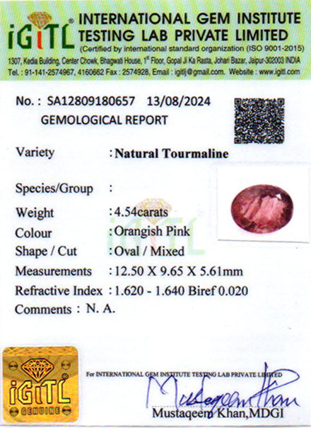 Orangish Pink Tourmaline - 4.54 Carats