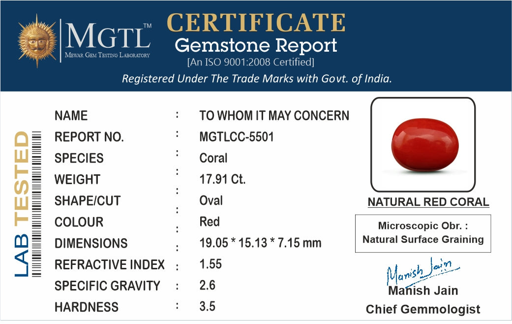 Red Coral - 17.91 Carats (Moonga - 19.52 Ratti)
