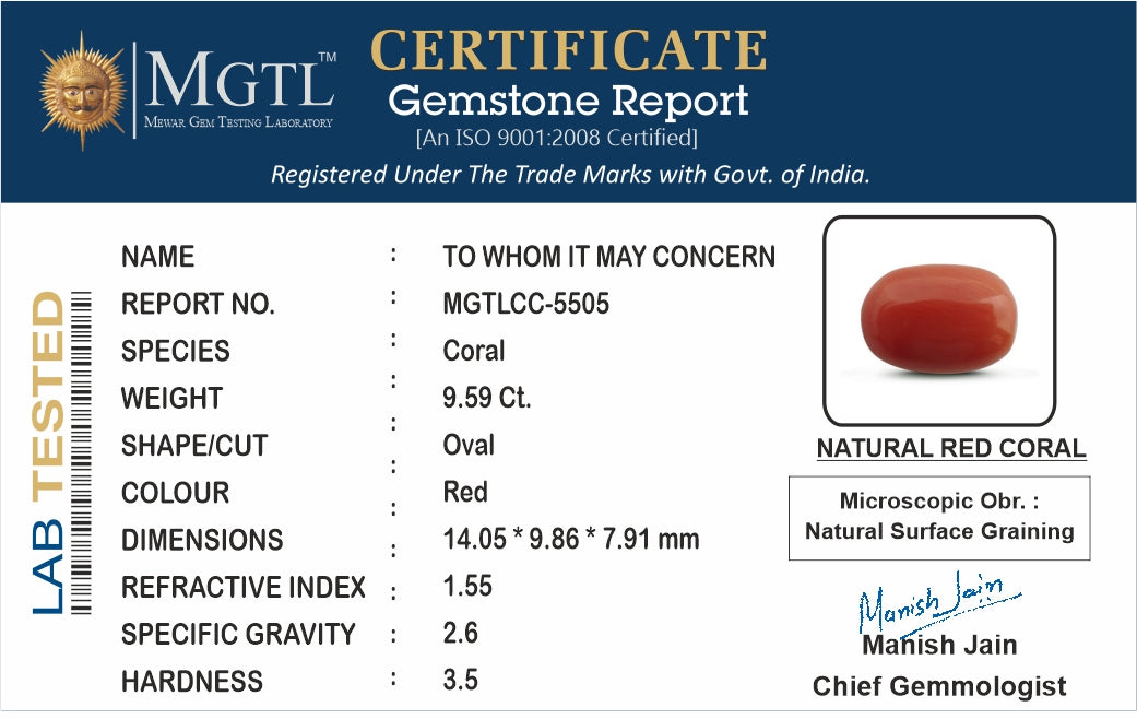 Red Coral - 9.59 Carats (Moonga - 10.45 Ratti)
