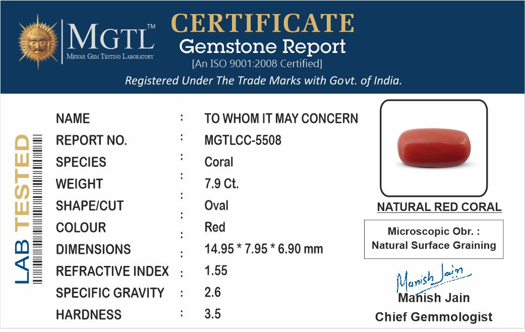 Red Coral - 7.90 Carats (Moonga - 8.61 Ratti)