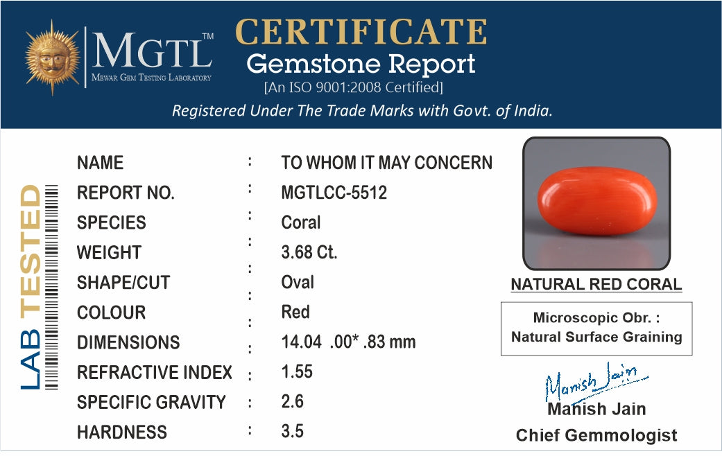 Red Coral - 3.68 Carats (Moonga - 4.01 Ratti)