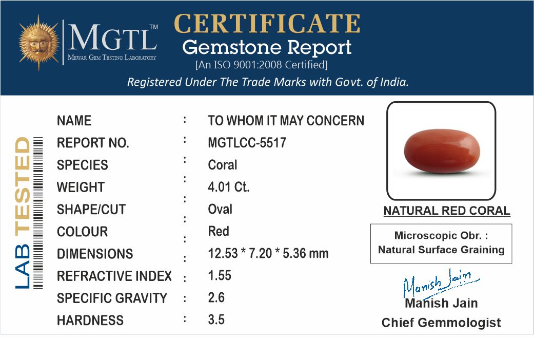Red Coral - 4.01 Carats (Moonga - 4.37 Ratti)