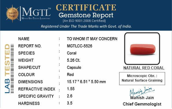 Red Coral - 5.26 Carats (Moonga - 5.73 Ratti)