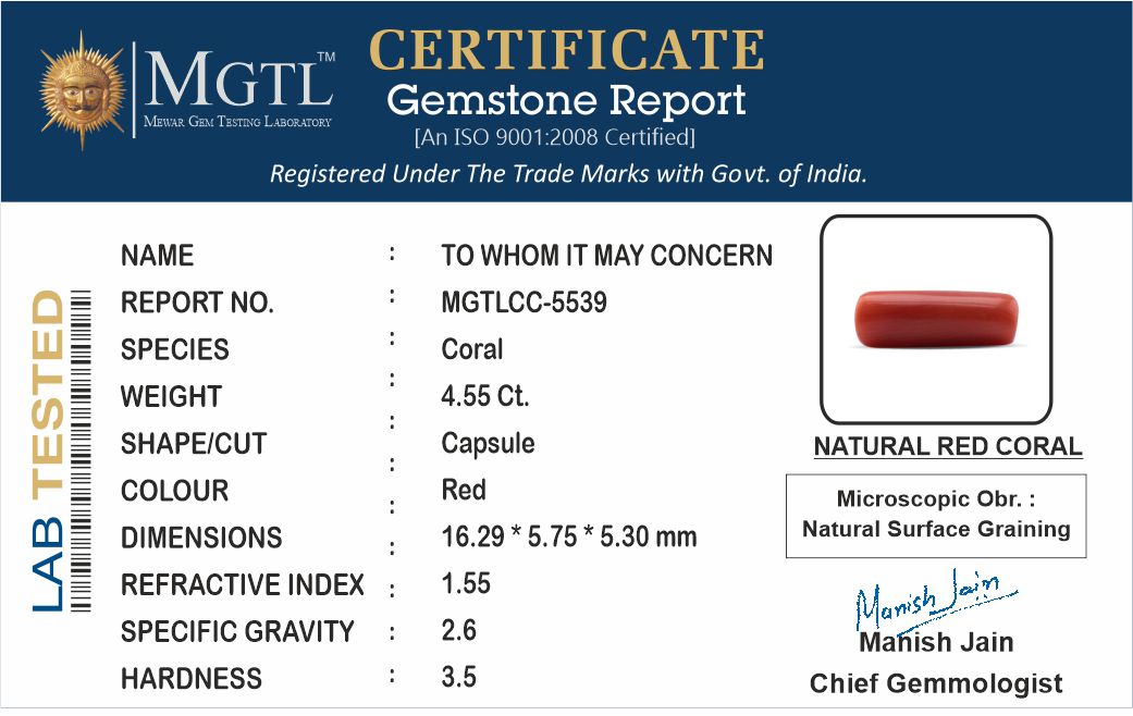 Red Coral - 4.55 Carats (Moonga - 4.96 Ratti)
