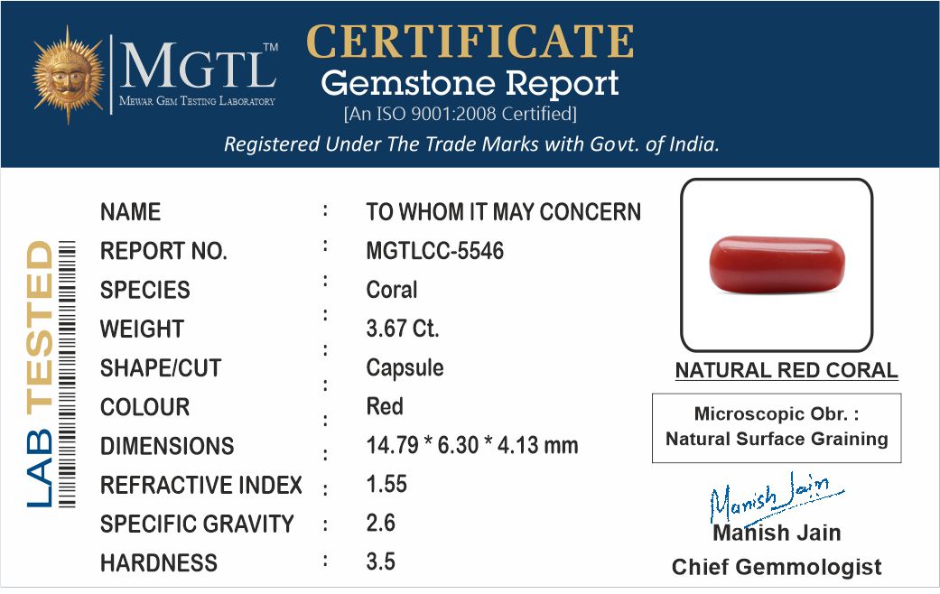 Red Coral - 3.67 Carats (Moonga - 4.00 Ratti)