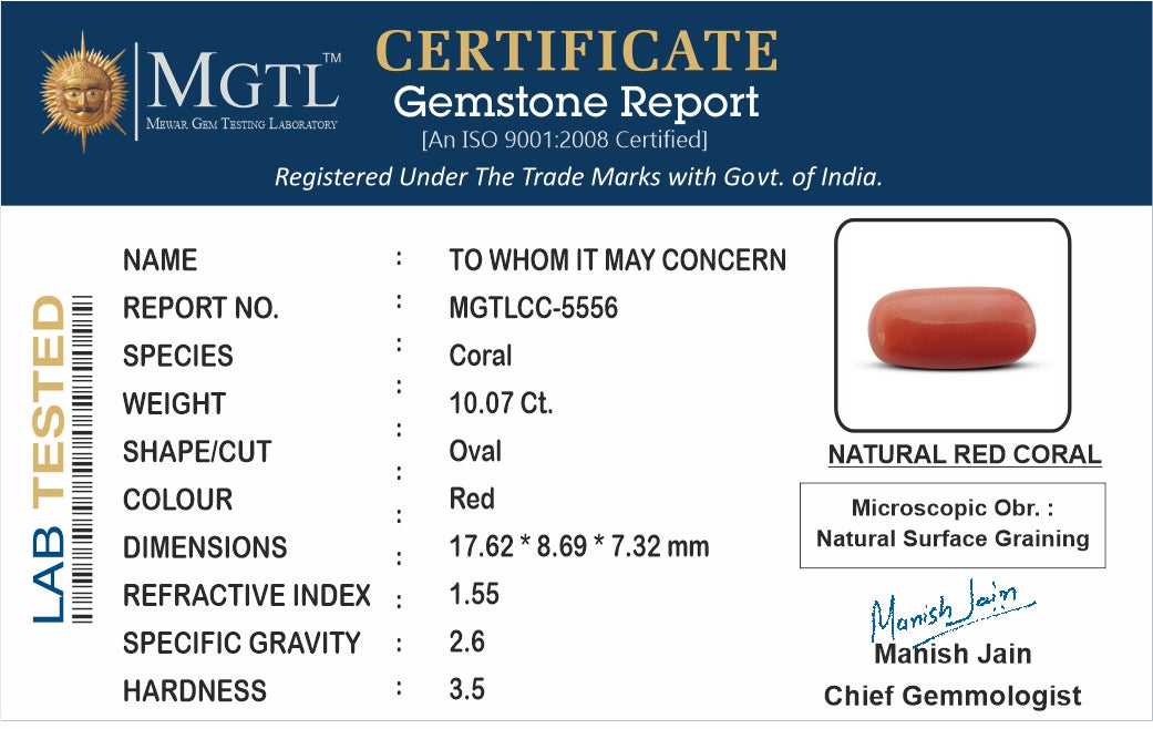 Red Coral - 10.07 Carats (Moonga - 10.98 Ratti)